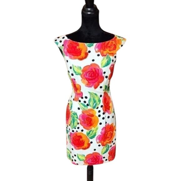 Geary Roark Vintage 6P Sleeveless Floral Rose Polka Dot Open Back Bow Dress - Picture 2 of 7